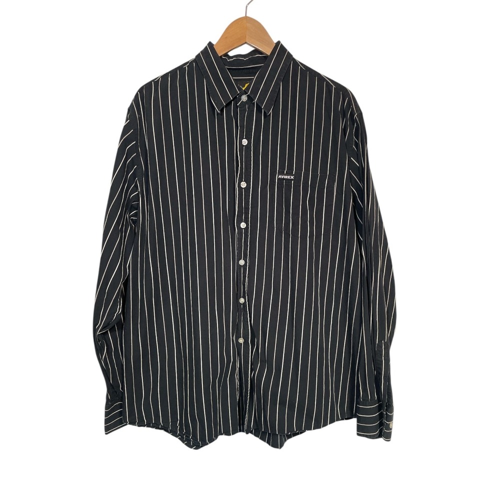 Avirex Button Down Shirt Mens XL Black Pinstripe Long Sleeve‎ Cotton Streetwear